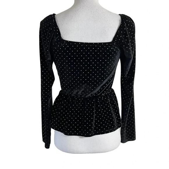 Aqua Black Velour Peplum Blouse Size XS Gold Studs Keyhole Long Sleeves Cocktail - Picture 4 of 8